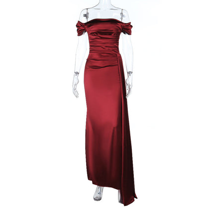 Off Shoulder Satin Dress for Women Autumn Sexy Split Dress by Ragazza