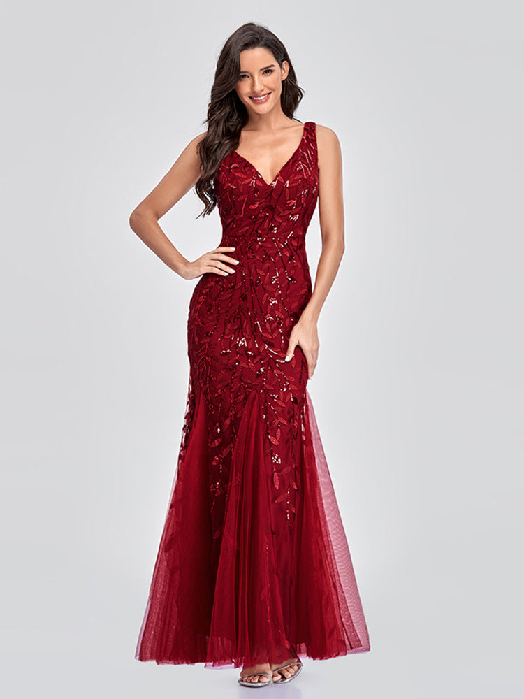 Evening Dress V neck Tulle Embroidered Sequ Sexy Mermaid Prom Dress Women Formal Dress by Ragazza