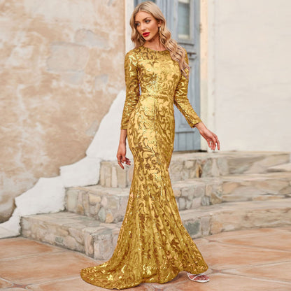 Spring Autumn Sequined Dress Purple Crew-Neck Long Evening Dress Long Sleeve Dress by Ragazza