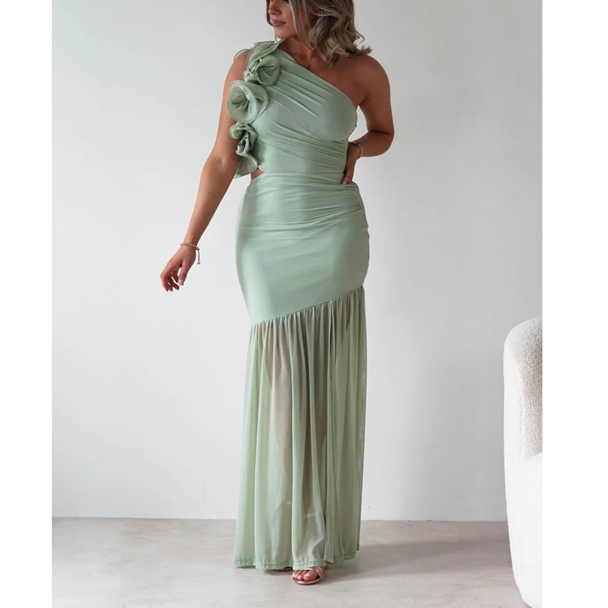Autumn Winter Hollow Out Cutout out One Shoulder Ruffled Mesh Dress  DestGlow