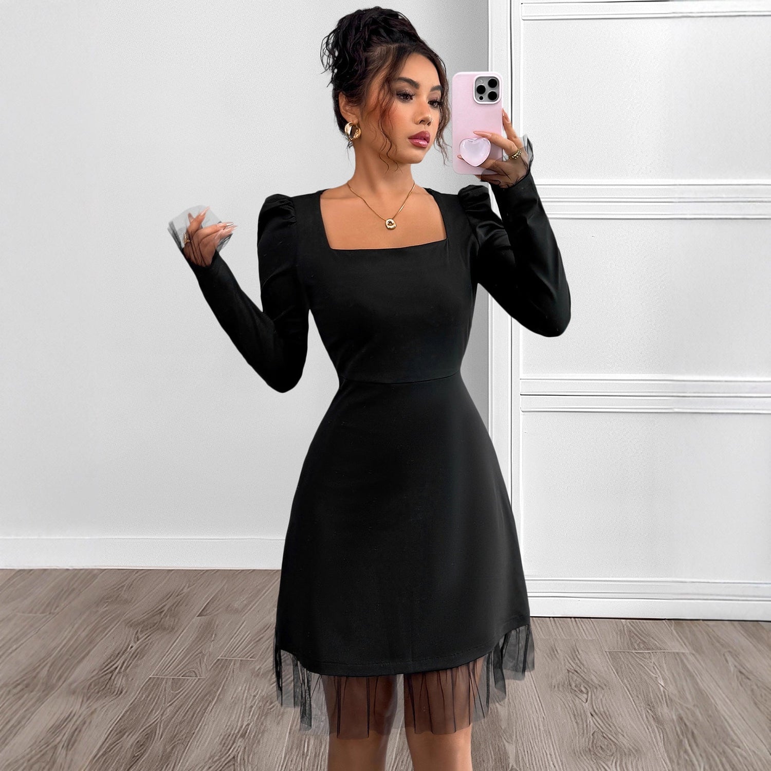 Autumn Square Collar Bubble Long Sleeve Dress Mesh Stitching High Waist A line Dress by Ragazza