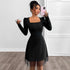 Autumn Square Collar Bubble Long Sleeve Dress Mesh Stitching High Waist A line Dress by Ragazza