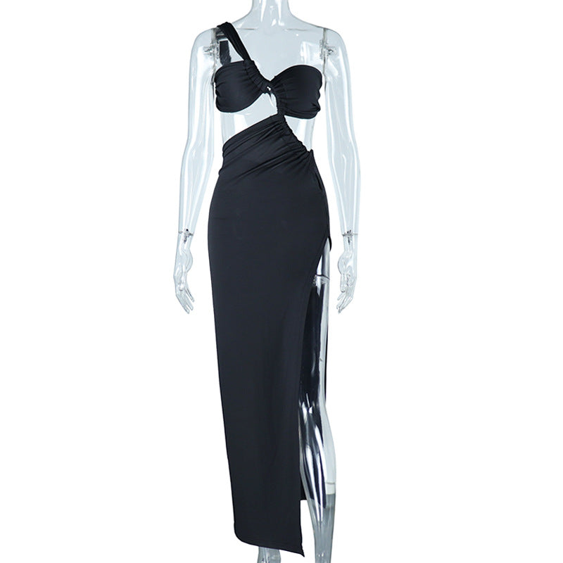 Sloping Shoulder Dress Solid Color Pullover Sexy Backless Evening Dress Long Socialite Split by Ragazza