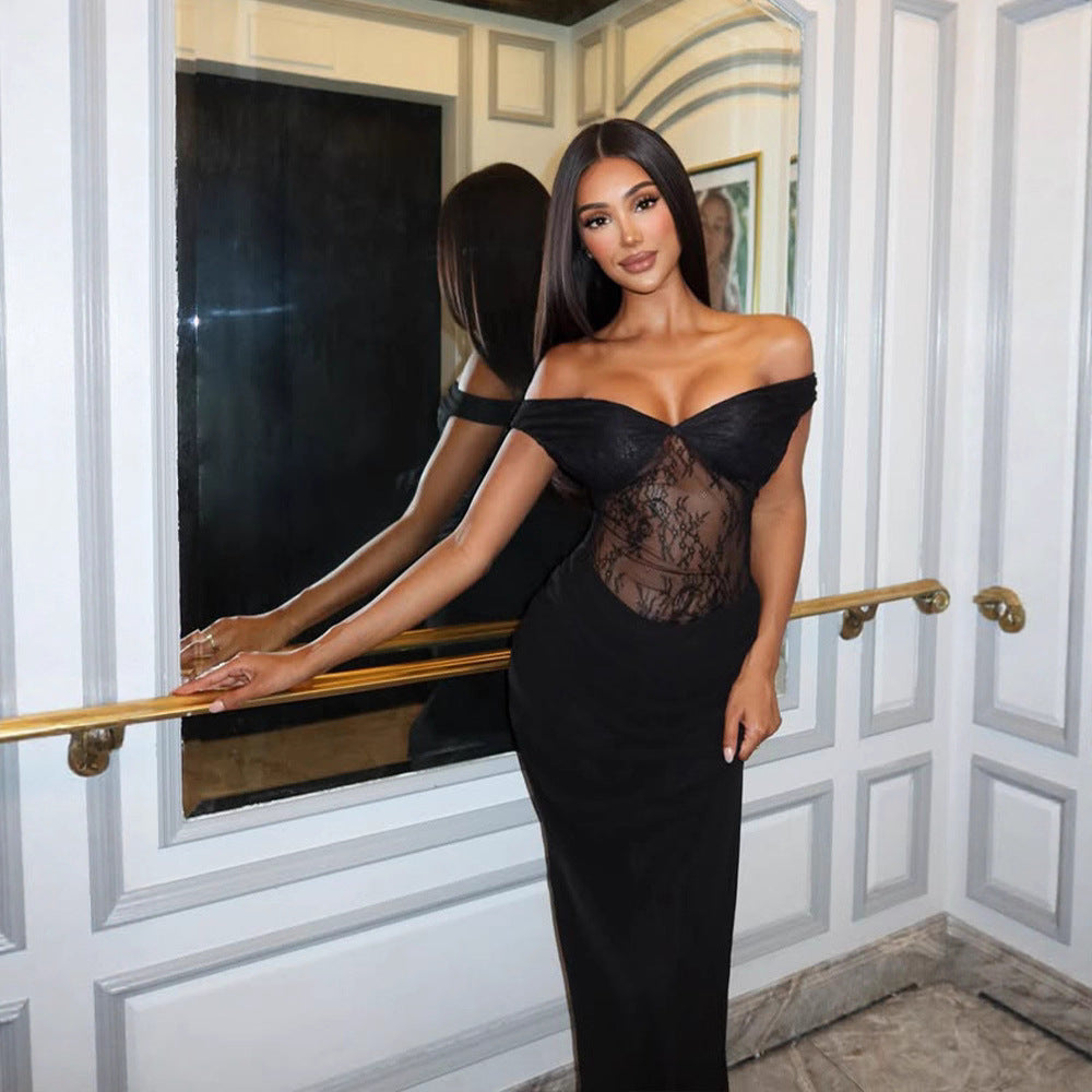 Black French Sexy Lace Stitching Sexy off Shoulder Slim Sheath Dress for Women by Ragazza
