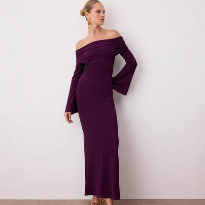 Maxi Dress Women Sexy Solid Color off Shoulder Pleated Long Sleeve Autumn Dress Women by Ragazza