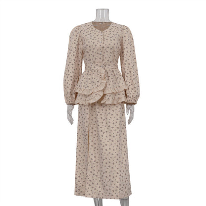 French Design Ruffled Waist Seal Printed V neck Puff Sleeve Elegant Split Dress Women Clothing by Ragazza