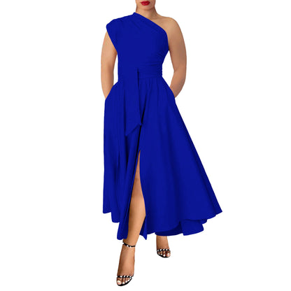 Summer Women Wear Sleeveless Diagonal Collar Solid Color Waist Tight Swing Dress by Ragazza