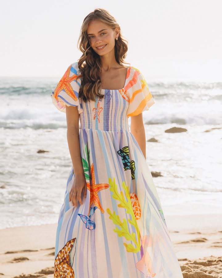 Dress Submarine Creature Printed Vacation Puff Sleeve Dress by Ragazza