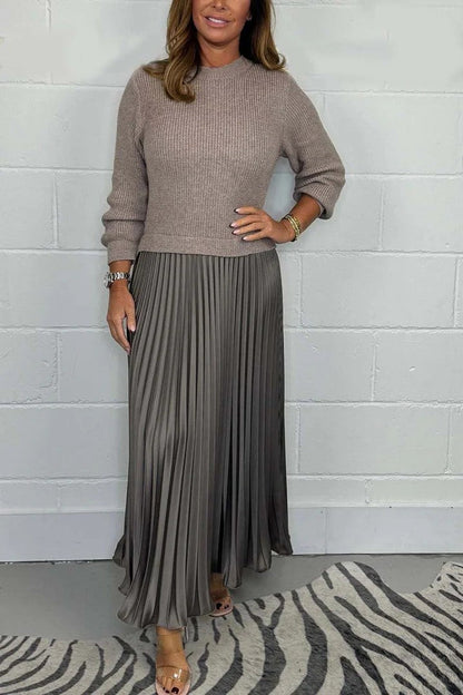 New Autumn Winter Women round Neck Top Sunken Stripe Pleated Dress by Ragazza