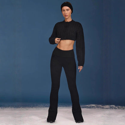 Autumn Winter Women Sexy Knitted Vest Short Top Loose Figure Flattering Straight Leg Pants Three Piece Sets by Ragazza