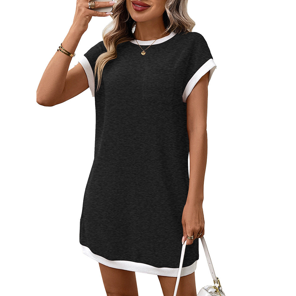 Summer Women Solid Color Casual Contrast Color Short Sleeve Pocket Dress by Ragazza