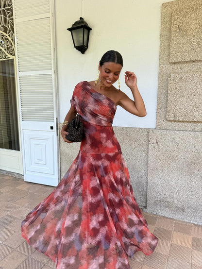 Printed Mesh off Shoulder Vacation Slim Fit Bottoming Dress by Ragazza