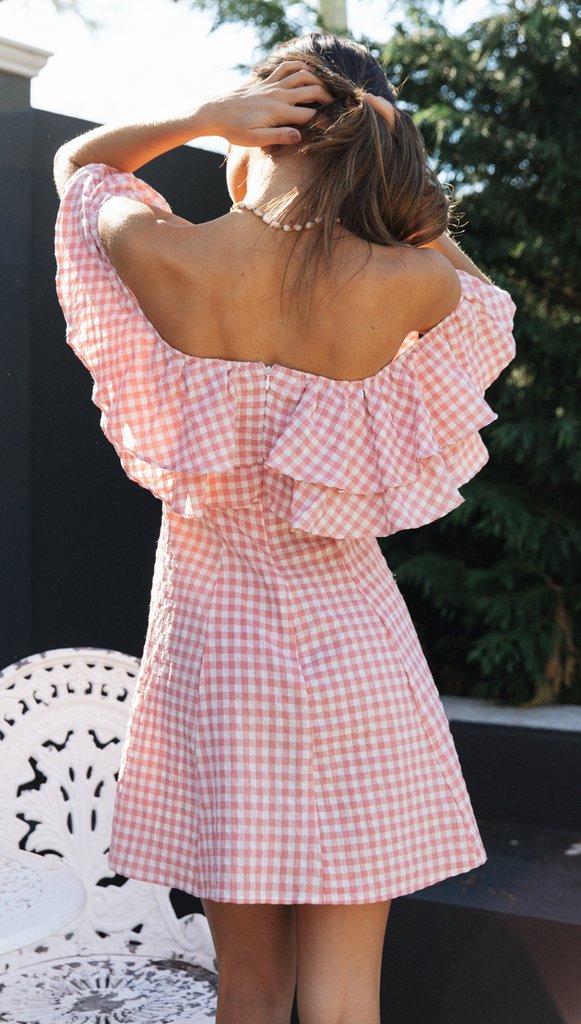 Women Clothing New Plaid off-Shoulder Ruffled Collar Show Fashion Dress by Ragazza