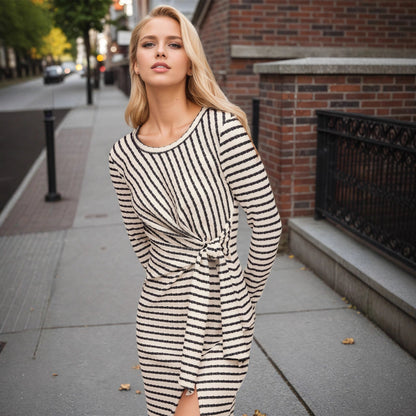 Striped Waist Twist Waist Controlled Slim Fit Slimming Split round Neck Dress by Ragazza