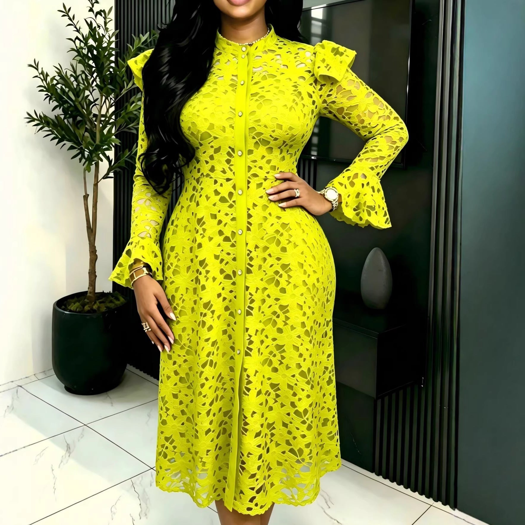Lace Waist Controlled Long Sleeves Cardigan Sling Inner Wear Bell Sleeve Hollow Out Cutout Two Piece Dress by Ragazza