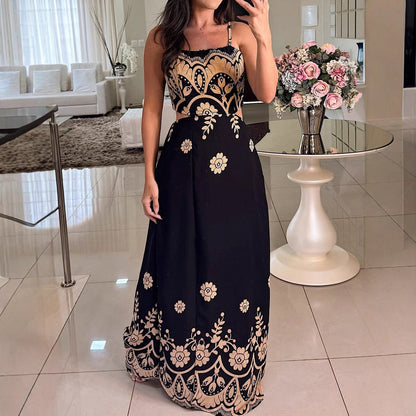 Women Elegant Graceful Spaghetti Strap Vintage Pattern Printing Dress by Ragazza