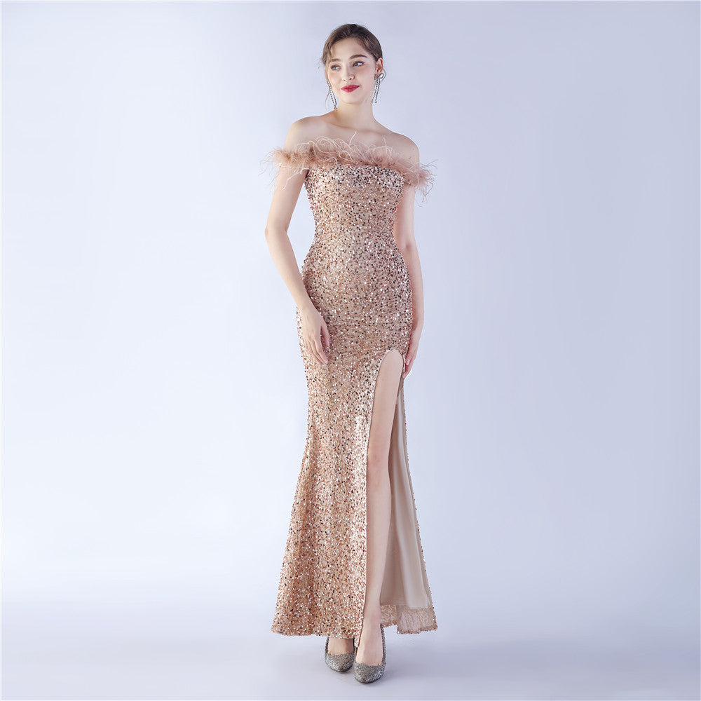 Velvet Bottom Sequin Craft Order Ostrich Hair off-Shoulder High End Evening Dress by Ragazza