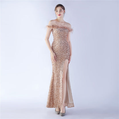 Velvet Bottom Sequin Craft Order Ostrich Hair off-Shoulder High End Evening Dress by Ragazza