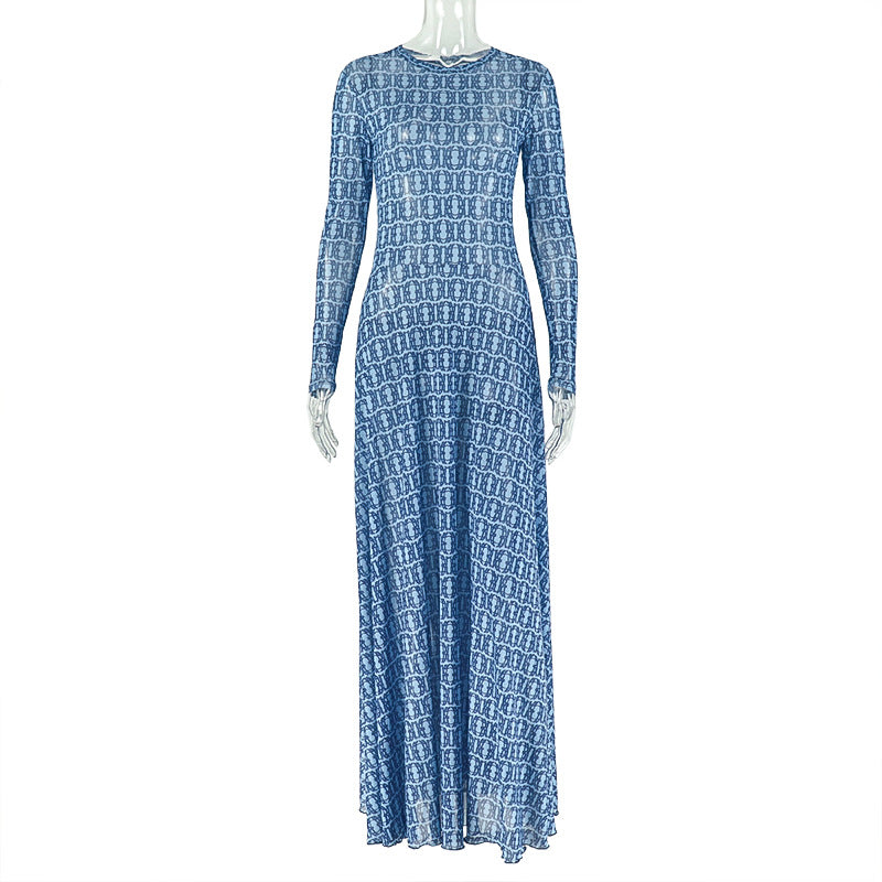 Summer Women Clothing Tight Waist Sheath Print Street A line Dress round Neck Long Sleeve Micro Transparent Dress by Ragazza
