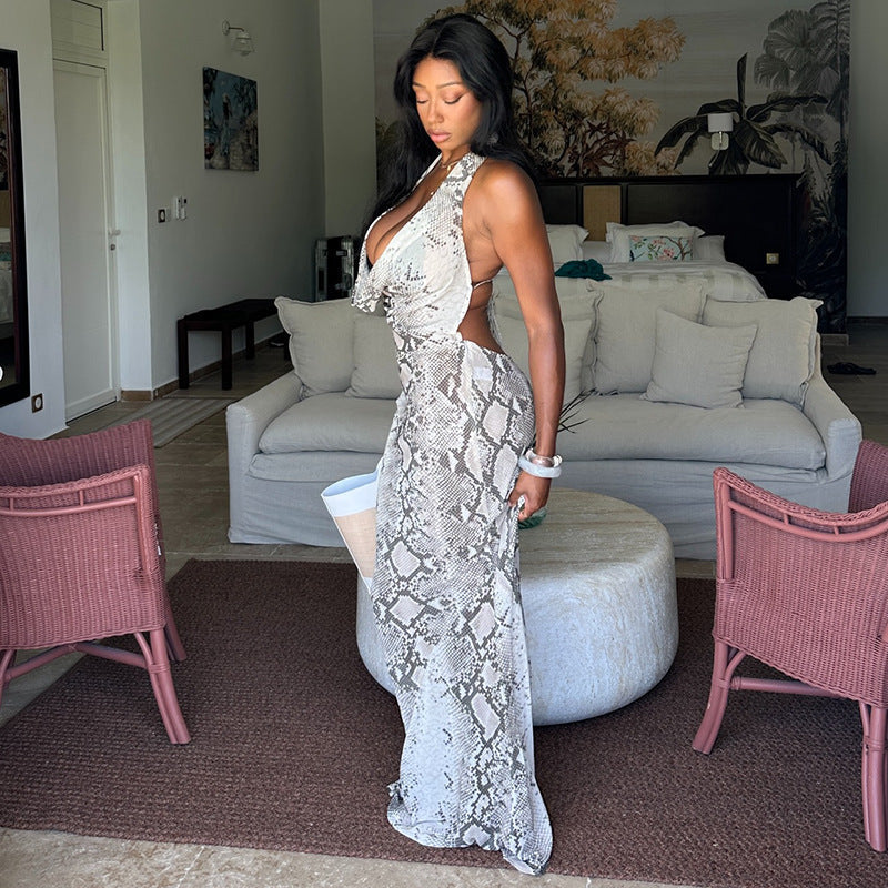 Gray White Printing Women Halter Swing Collar Hip Waist Controlled Low Cut Long Dress  DestGlow