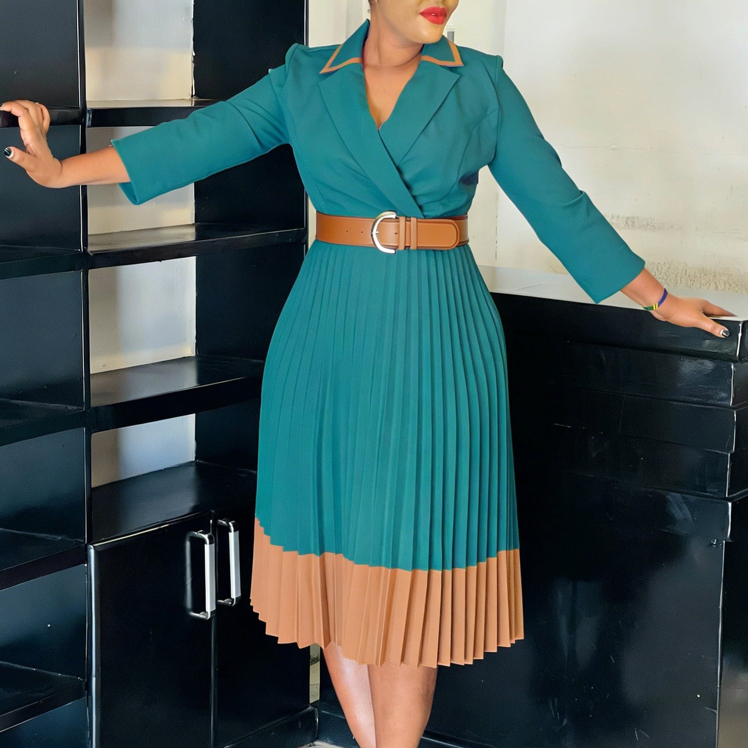 Women Clothing Winter Elegant Elegant Blazers Collar Color Matching Pleated Dress by Ragazza