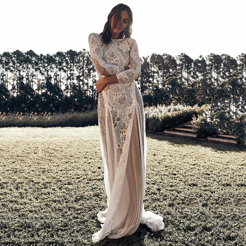 Spring Women Clothing Dress round Neck Long Sleeve Hollow Out Cutout Backless Lace Ladies Cocktail Wedding Dress by Ragazza