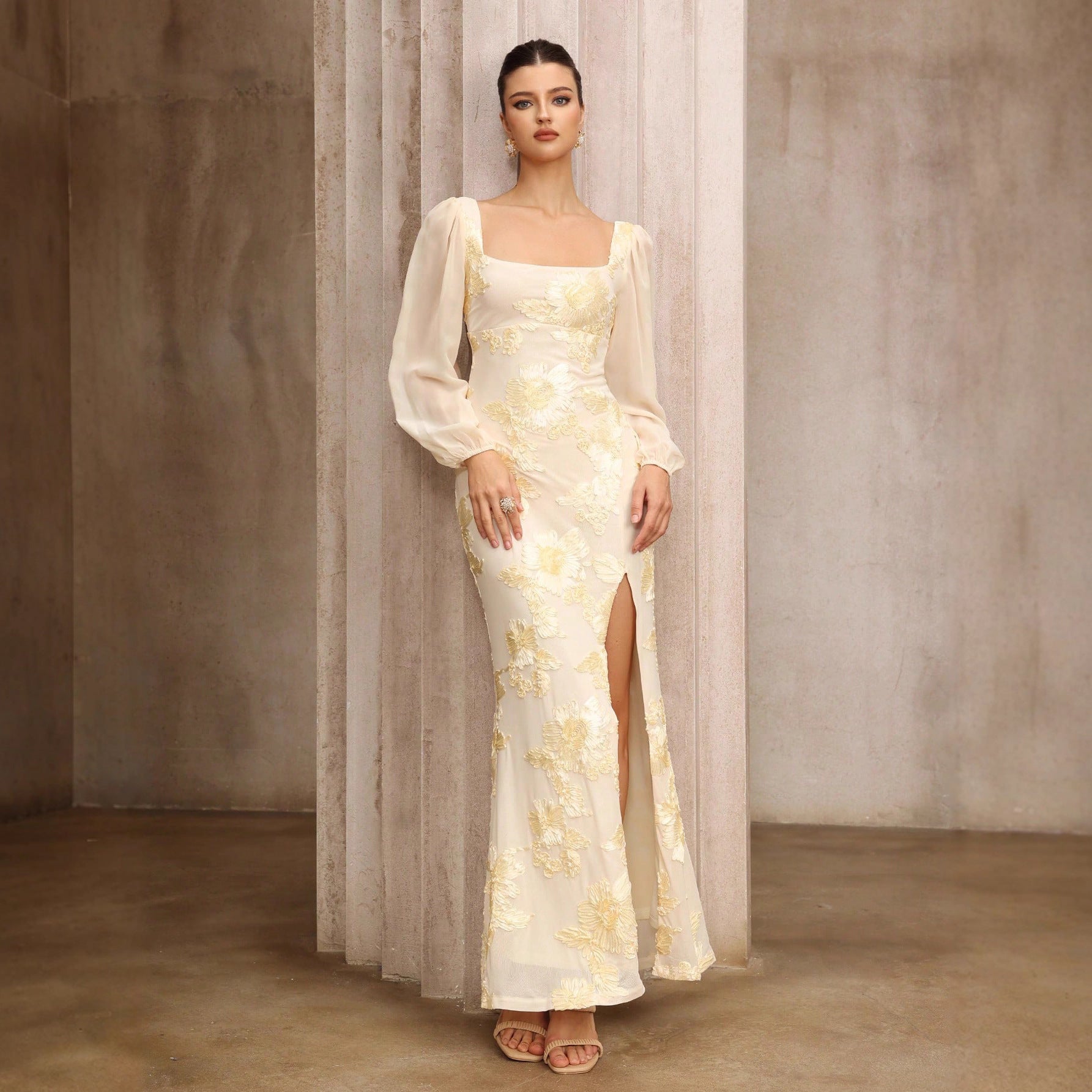 Women Clothing Cheongsam Formal Dress Plate Floral Embroidered Square Collar Slit Cocktail Dress by Ragazza