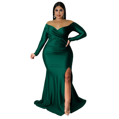 Plus Size Women Clothes Sexy Dress Nightclub V neck Formal Dress Solid Color Split Maxi Dress Autumn Winter Women 