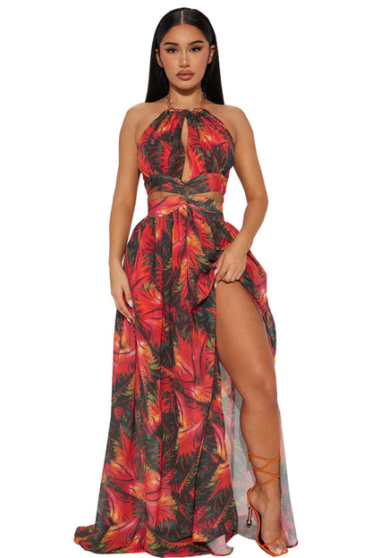 Summer Halterneck Printed Waist Tight Cropped Outfit Sleeveless Backless Long Split Sexy Vacation Dress  DestGlow