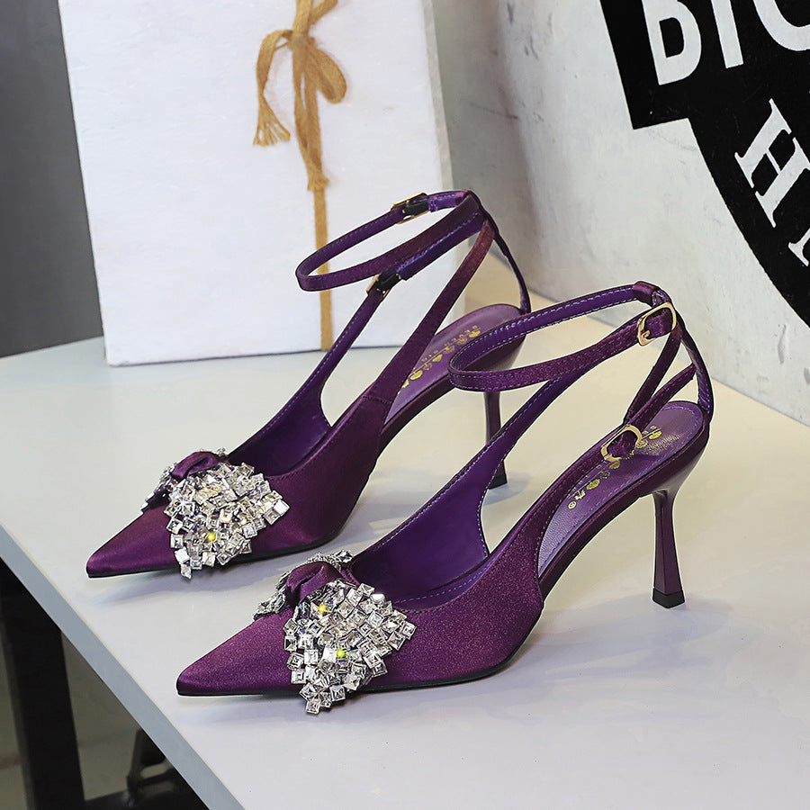 Diamond Big Bow Pointed Toe Buckle Strap Hollow Out Cutout Sexy Cocktail Stiletto Sandals