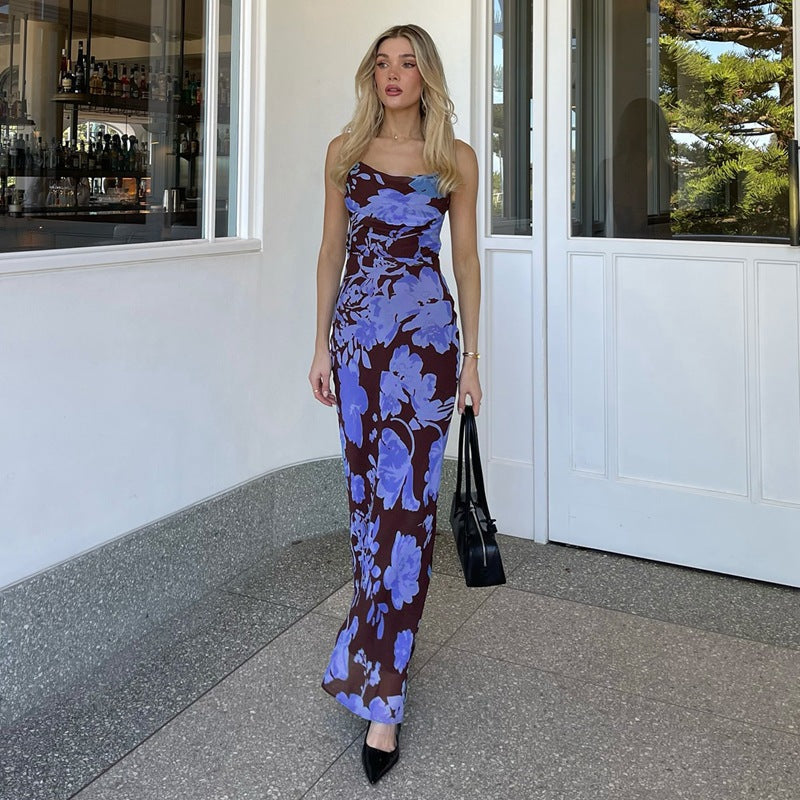 Summer Women Clothing French off Neck Strap Backless Long Printed Dress by Ragazza