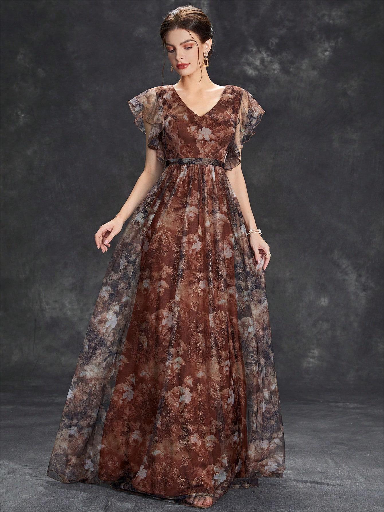 Evening Dress V neck Printed Mesh Ruffled Large Swing Party Dress Bridesmaid Dress Dance Dress Spring A Line by Ragazza