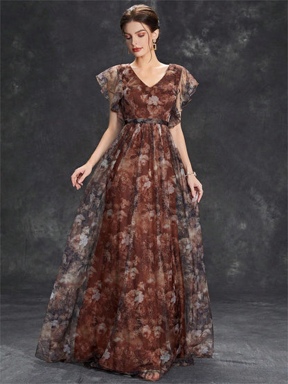 Evening Dress V neck Printed Mesh Ruffled Large Swing Party Dress Bridesmaid Dress Dance Dress Spring A Line by Ragazza