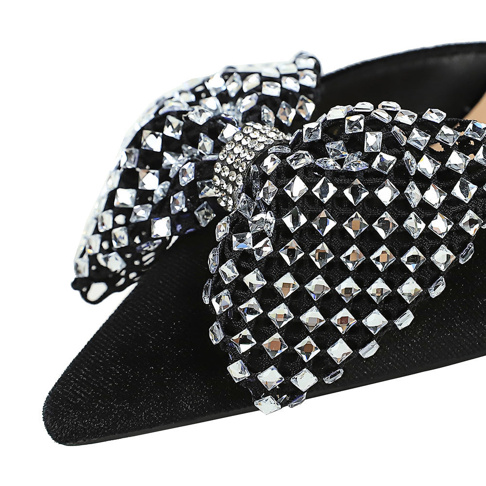Super Large Rhinestone Bow Pointed Slip on Side Hollow Out Cutout Suede Pumps Women  DestGlow