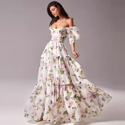 Romantic Retro Dress off Shoulder Heart Shaped Tube Top Boning Corset Waist Slimming Printed Dress  DestGlow