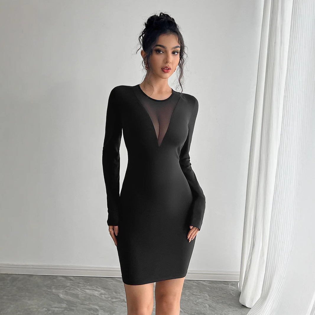Spring Summer Ladies Solid Color Mesh Stitching Chest Design Long Sleeve Slim Fit Dress by Ragazza