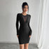 Spring Summer Ladies Solid Color Mesh Stitching Chest Design Long Sleeve Slim Fit Dress by Ragazza