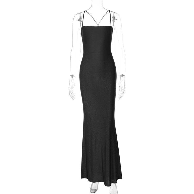 Women Clothing Summer Solid Color Tube Top Backless Stitching Hollow Out Cutout out Tied Slim Fit Slimming Dress Women by Ragazza