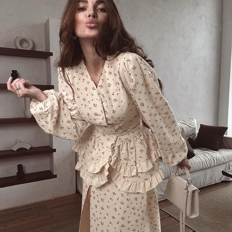 French Design Ruffled Waist Seal Printed V neck Puff Sleeve Elegant Split Dress Women Clothing by Ragazza