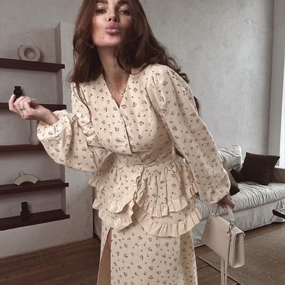 French Design Ruffled Waist Seal Printed V neck Puff Sleeve Elegant Split Dress Women Clothing by Ragazza