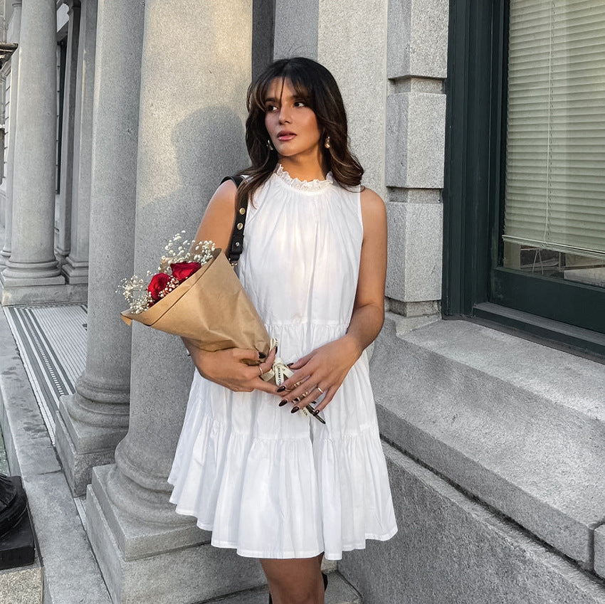 Spring Summer All Match White Elegant Dress round Neck Sexy Bow Lace up Elegant Loose Short Women Clothing by Ragazza