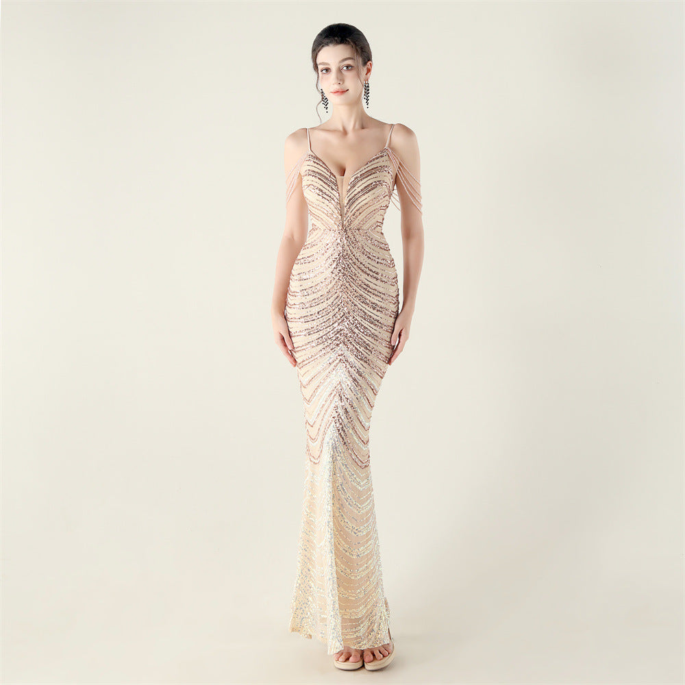 Deep V Plunge neck Wave Gradient Sequin Evening Dress Positioning Floral Cutting Craft Beaded Cocktail Battle Gown by Ragazza