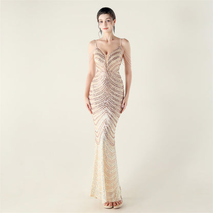 Deep V Plunge neck Wave Gradient Sequin Evening Dress Positioning Floral Cutting Craft Beaded Cocktail Battle Gown by Ragazza