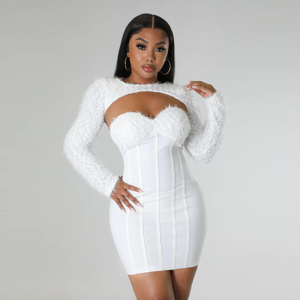 Christmas Autumn Winter Sexy Tube Top Cinched Waist Sheath Small Waistcoat Coat Two Piece Dress Women by Ragazza