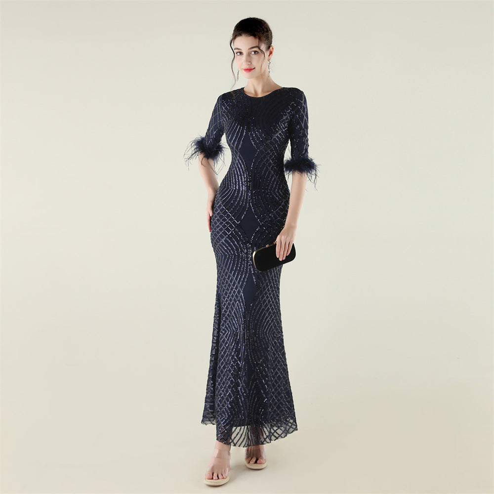 Positioning Floral Sequin Craft Order Ostrich Feather Decorative Evening Dress Long Sleeve Fishtail Cinched Peplum by Ragazza