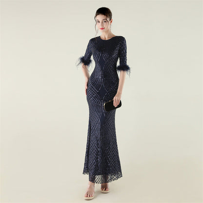 Positioning Floral Sequin Craft Order Ostrich Feather Decorative Evening Dress Long Sleeve Fishtail Cinched Peplum by Ragazza