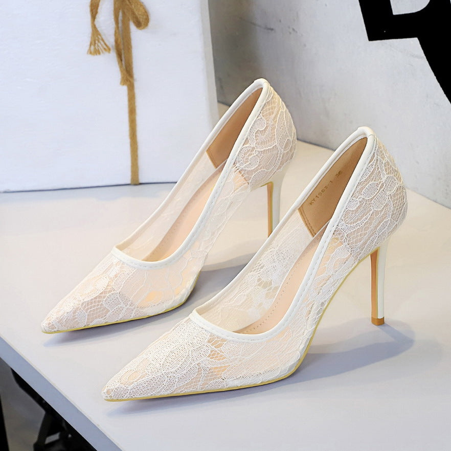 Sexy Lace High Heeled Shoes Shallow Mouth Pointed Toe Skinny Night Club Mesh Stiletto High Heel Shoes  DestGlow