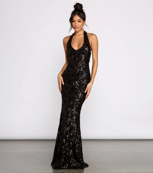 Women Clothing Sexy Hanging Collar Sequ Dress All Matching Formal Dress by Ragazza