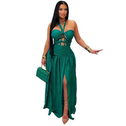 Popular Halter Cut out Lace up Party Evening Dress Satin Side Split Dress  DestGlow