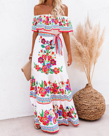 Spring Summer off Shoulder Red Floral Printed Long Large Hem Dress by Ragazza